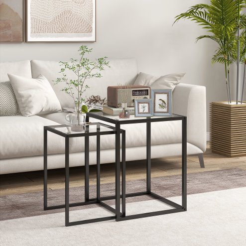 HOMCOM Nesting Tables Set of 2, Side End Table with Tempered Glass Top and Steel Frame for Living Room, Bedroom, Black