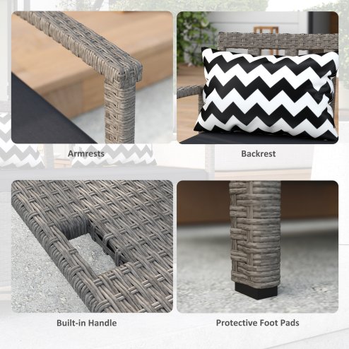 Outsunny 2 Seater Garden Storage Bench with 160L Capacity, PE Rattan Garden Bench with Storage, Wicker Outdoor Bench Loveseat with Cushion, Pillows and Steel Frame for Patio, Grey