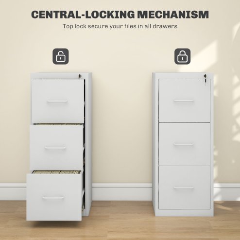 HOMCOM 3 Drawer Filing Cabinet, Vertical File Cabinet with Adjustable Hanging Bar for A4 and Letter Size, Steel Printer Stand for Home Office, Cream White