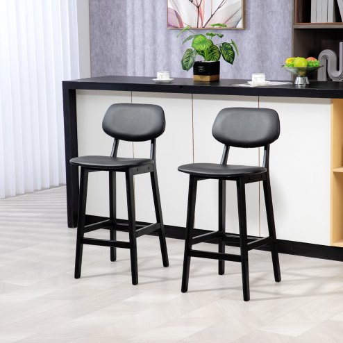 HOMCOM Bar Stools Set of 2, Breakfast Bar Chairs, PU Leather Upholstered Kitchen Stools with Backs, Footrests and Solid Wood Legs, Black