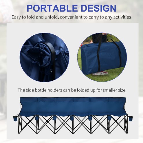 Outsunny 6 Seater Folding Bench, Outdoor Camping Chair Portable Sports Spectator Chair with Metal Frame, Cup Holder & Carry Bag, Blue