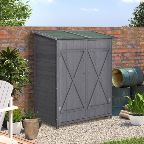 Outsunny Small Shed, Wooden Garden Shed with Flexible Table, Hooks and Ground Nails, Lockable Tool Shed with Asphalt Roof, 140 x 75 x 157cm, Grey