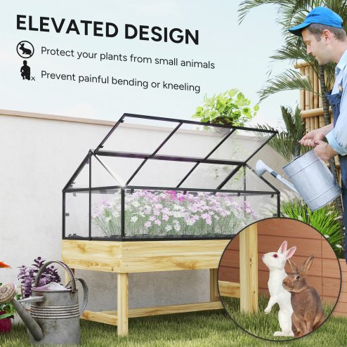 Outsunny Raised Garden Bed with Cold Frame Greenhouse, Elevated Wood Planter Box with Polycarbonate Panel and Top Vent for Vegetables, Flowers, Herbs, 120 x 60 x 103cm, Natural