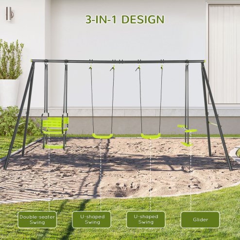 Outsunny Garden Swing Set, Kids Swing with Double Swings, Glider, Swing Seats, for Outdoor, Playground, for Ages 3-8 Years - Green