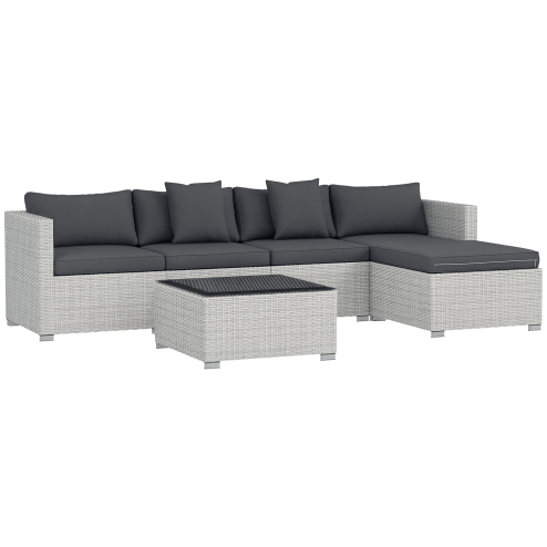 Outsunny 6 Pieces Rattan Garden Furniture Set, 5 Seater Sectional Garden Corner Sofa Set with Glass Top Coffee Table, Cushions and Pillows, All-Weather Wicker Conversation Furniture, Mixed Grey