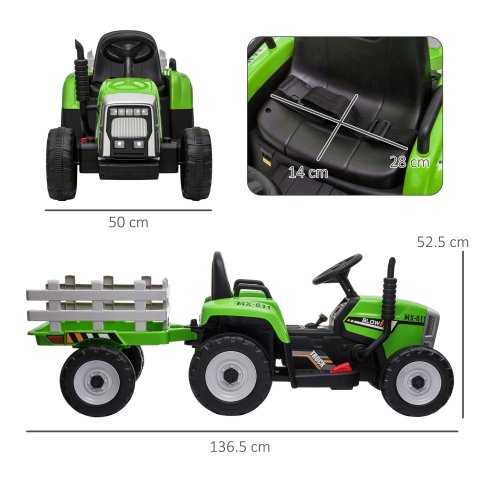 HOMCOM Electric Ride on Tractor 12V Kids Electric Car with Detachable Trailer Remote Control, Music, Horn, Lights, Start-Up Sound, for Ages 3-6 Years - Green