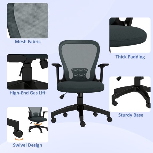 Vinsetto Mesh Office Chair, Ergonomic Computer Desk Chair with Flip-up Armrest, Lumbar Back Support, Adjustable Height, Swivel Wheels, Charcoal Grey