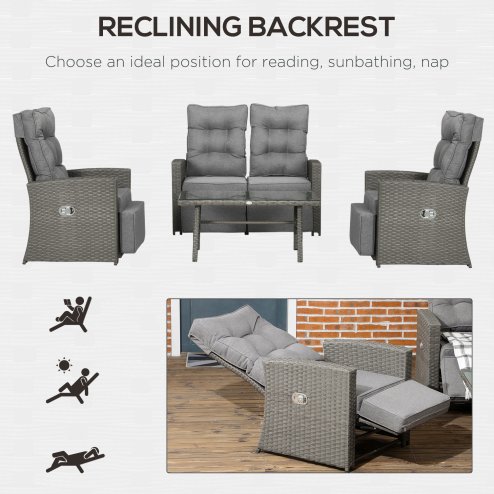 Outsunny 4 Piece Rattan Garden Furniture Set with Adjustable Backrest, Wicker Outdoor Furniture Sofa Set with Loveseat, Reclining Armchairs, Thickened Cushions and Glass Top Table, Grey