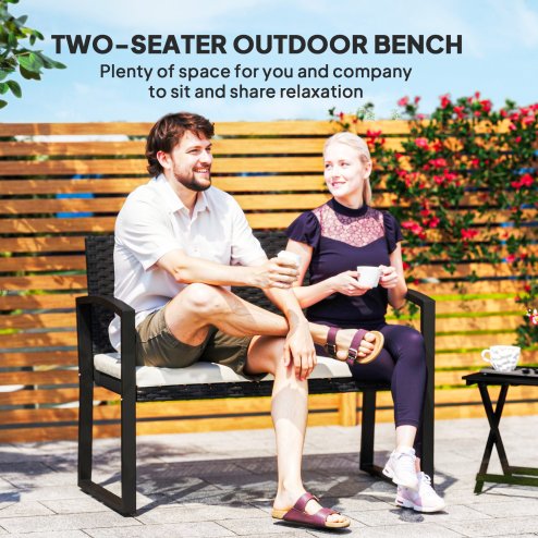 Outsunny 2 Seater Rattan Garden Bench, Outdoor Bench with Cushion, PE Wicker Garden Loveseat with Armrests, Galvanised Steel Frame for Patio, Park, Black