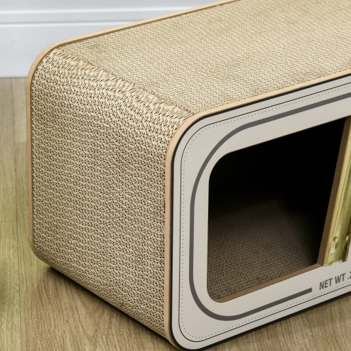PawHut Cat Scratching Board, 2 in 1 Cat Scratcher Cardboard with Catnip, Canned Tuna Design Cat House for Indoor Kitty, Cream White