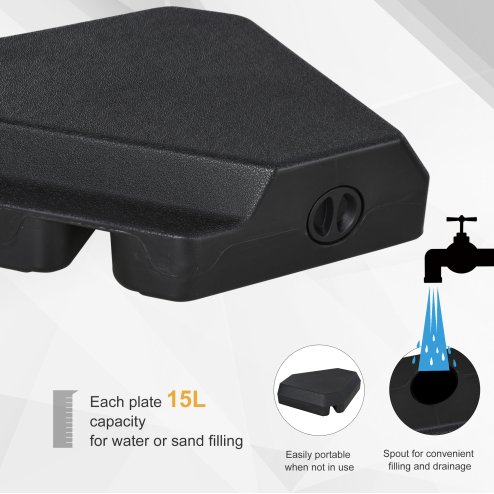 Outsunny 4PCs Fillable Parasol Base Weights with Steel Cross Base, HDPE Garden Umbrella Stand 60L Water or 72kg Sand Filled Weights Plastic Black