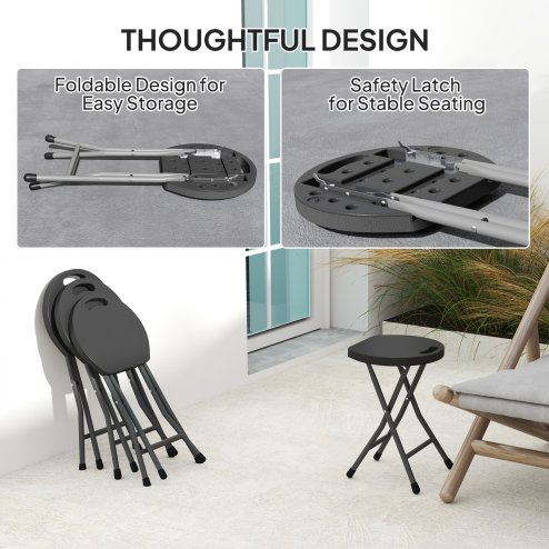 Outsunny Folding Stool Set of 4, Decorative Garden Stool Chair with Safety Latch, Foldable Garden Stools with Powder-Coated Steel Legs HDPE Seat and Handle for Indoor and Outdoor, Charcoal Grey