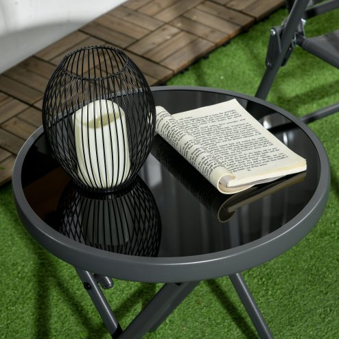 Outsunny ??45cm Garden Side Table, Outdoor Round Folding Patio Table with Imitation Marble Glass Top, Small Coffee Table, Black