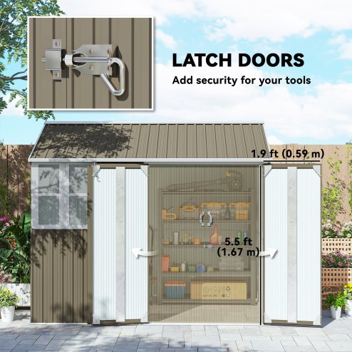 Outsunny 8 x 6 ft Garden Shed, Metal Shed with Double Doors, Window and Air Vents, Galvanised Outdoor Lockable Tool Storage House, Grey