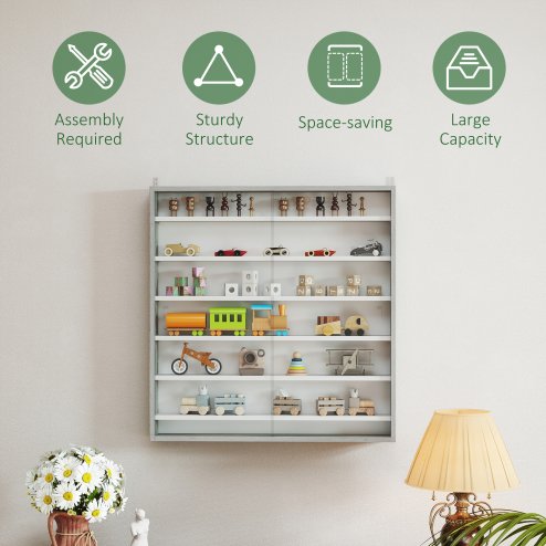 HOMCOM 7-Tier Wall Mounted Display Cabinet, Display Case with 6 Adjustable Shelves, Glass Doors for Home Office Ornaments 83x80cm, Graphite Wood Effect
