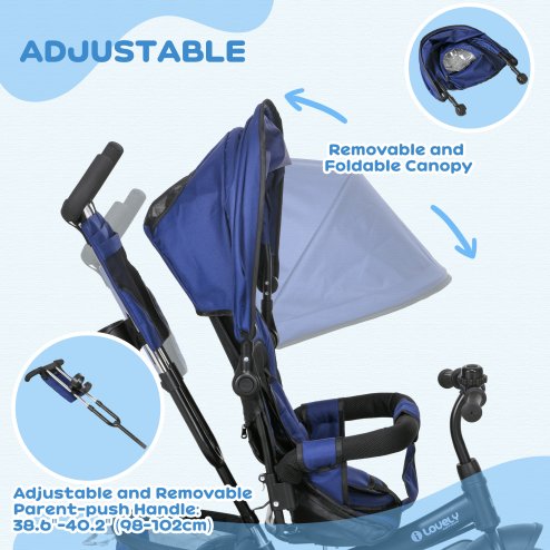 HOMCOM 6 in 1 Trike, Kids Tricycle, Pedal Push Bike w/ Push Handle, Removable Canopy, 5-point Safety Belt, Storage, Cushion, Footrest, Brake, for 1-5 Years Toddler
