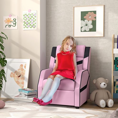 AIYAPLAY Kids Recliner, 2 in 1 Toddler Gaming Recliner with Backrest, Armrest, Footrest, PU Leather Lounge Armchair for Playroom, Bedroom, Kids Room, Pink