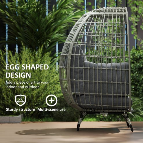 Outsunny Oversized Garden Egg Chair, Outdoor Wicker PE Rattan Chair with Thickened Padded Cushions and Pillows for Balcony, Porch, Charcoal Grey