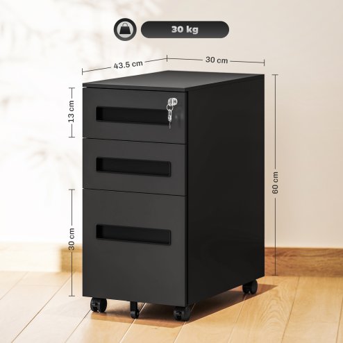 Vinsetto Metal Mobile File Cabinet with Wheels, Lockable 3 Drawer Filing Cabinet for A4, Legal, Letter, Compact Under Desk Storage Unit with Pre-Assembled Body for Home Office, 30 x 43.5 x 60cm, Black
