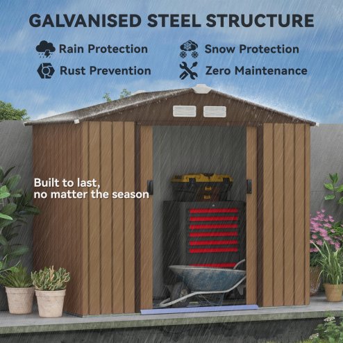 Outsunny 7 x 4ft Metal Garden Shed, Outdoor Storage Tool House with Ventilation Slots, Foundation Kit and Lockable Double Doors, Light Brown