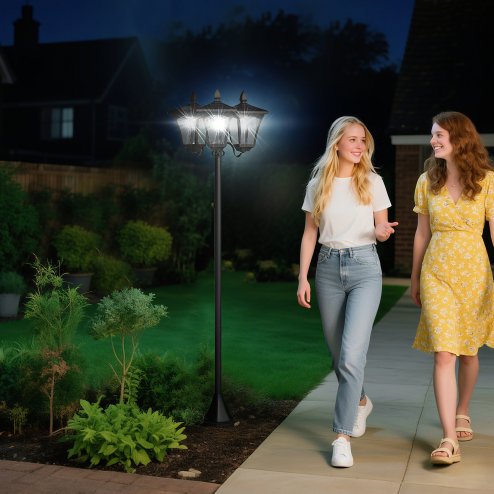 Outsunny 1.8m Traditional Victorian Style 3 Way Head Outdoor Garden Solar Post Lamp Sensor Dimmable LED Lantern Bollard Pathway IP44 - Black Image