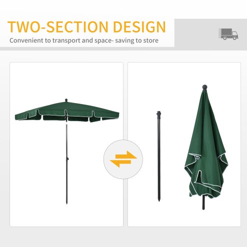 Outsunny 2 x 1.3m Garden Parasol Umbrella, Outdoor Market Table Umbrella with Ruffles & Aluminium Pole, Rectangular Tilting Parasol Sun Shade Canopy, Green