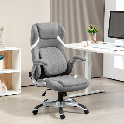 Vinsetto High Back Executive Office Chair, Fabric Office Desk Chair with Flip-up Armrests, Adjustable Lumbar Support and Tilt Function, Grey
