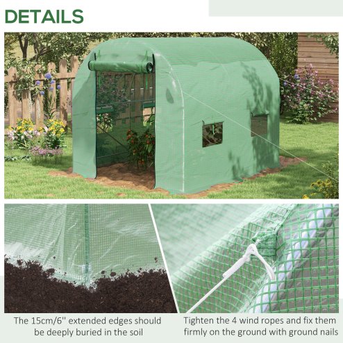 Outsunny 2.5 x 2m Walk-In Polytunnel Greenhouse, with Steel Frame, PE Cover, Roll-Up Door and 4 Windows, Green