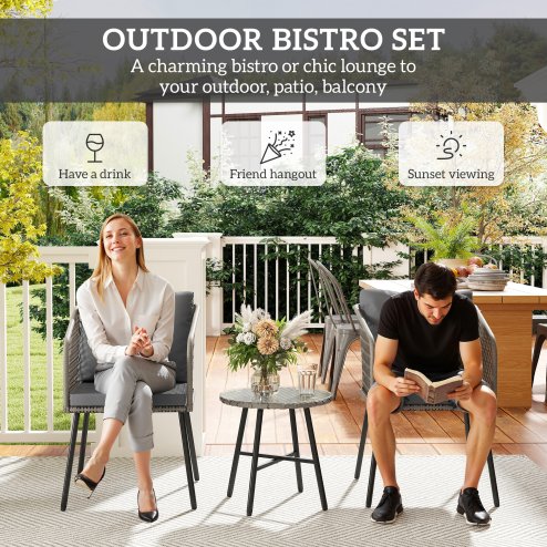 Outsunny 3 Piece Rattan Bistro Set, Patio Wicker Conversation Furniture Set with 2 Chairs, Tempered Glass Table, Cushions, Adjustable Foot Pads, for Garden, Balcony, Grey