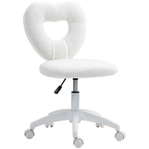 HOMCOM Armless Heart Computer Desk Chair, Teddy Fleece Swivel Office Chair, Makeup Vanity Chair with Height Adjustable, Wheels, for Home Study Bedroom, White Image