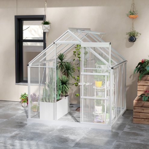 Outsunny 6 x 6ft Polycarbonate Greenhouse, Walk-In Greenhouse with Sliding Door, Adjustable Window, Aluminium Frame and Foundation, Garden Grow House with Rain Gutter, Silver
