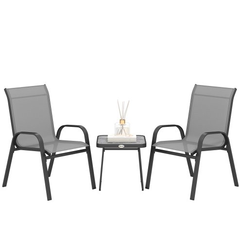 Outsunny 3 Pieces Outdoor Bistro Set, Patio Stackable Armchairs with Breathable Mesh Fabric and SPC Board Coffee Table, Light Grey