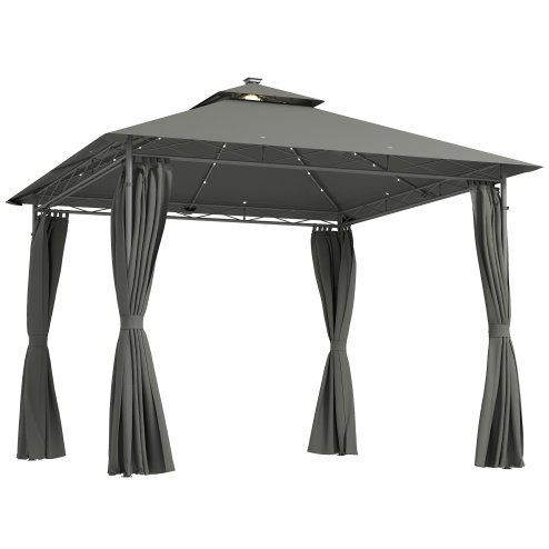Outsunny 3 x 3 m Garden Gazebo, Double Roof Metal Gazebo with Curtains and Solar-Powered LED Lights, Outdoor Canopy Shelter for Patio, Deck, Dark Grey