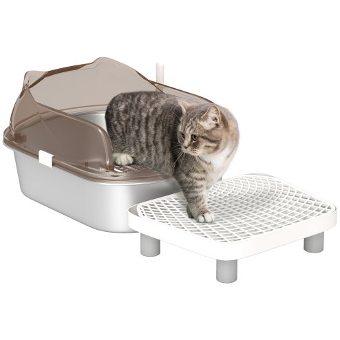 PawHut Stainless Steel Litter Box with Lid, Metal Cat Litter Tray for Big Cats with High Wall Sided Enclosure, Pedal, Scoop, Non-Sticky, Anti-Leakage, Easy Cleaning