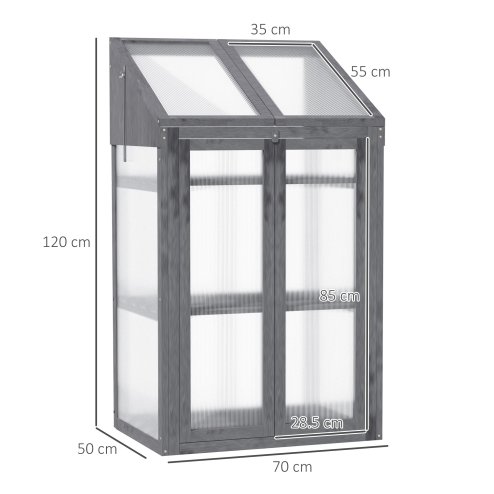 Outsunny Wooden Cold Frame Polycarbonate Greenhouse with Openable Top Cover and Double Door, Grow House for Flower, Vegetable and Plants, 70 x 50 x 120cm, Grey