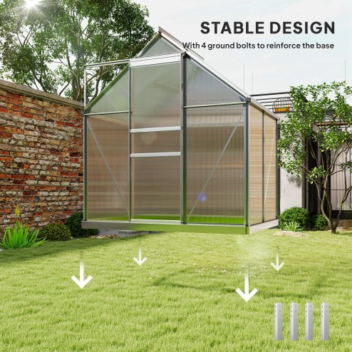 Outsunny Polycarbonate Greenhouse, Small Greenhouse with Adjustable Roof Vent, Garden Green House with Galvanised Base, Sliding Door and Rain Gutter,  192.5 x 131 x 200 cm, Silver Tone