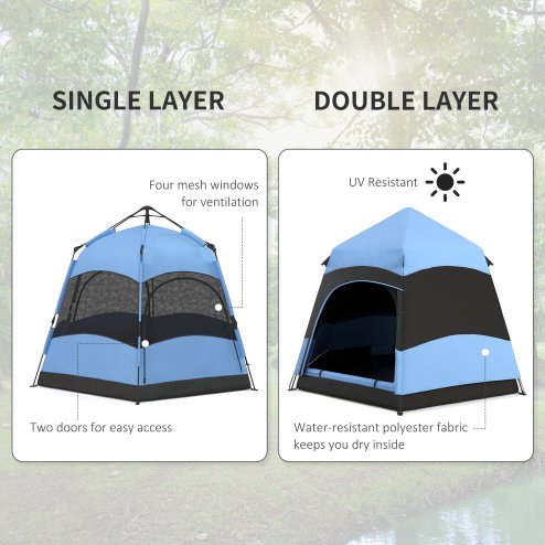 Outsunny Double Layer Instant Pop Up Tent with Rainfly, Hexagon 4 Man Dome Tent, Portable Camping Shelter with Sewn-in Groundsheet and Carry Bag, for Festival Backpacking Road Trips, Blue