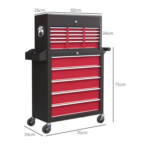 HOMCOM 2 in 1 Rolling Tool Cabinet on Wheels with 14 Drawers, Pegboard and Side Rack, Lockable Top Tool Chest and Roller Cabinet Combo for Workshop and Home, Red