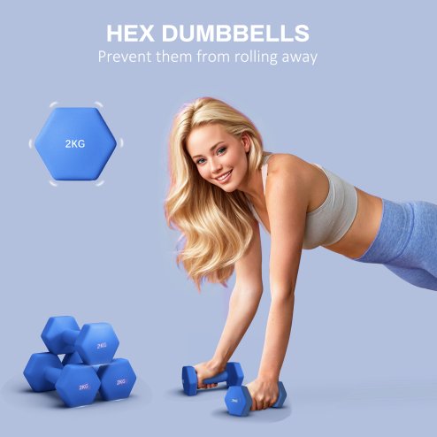SPORTNOW Set of 2 Hex Dumbbells, Neoprene Weights Pair with Non-Slip Grip, Home Gym Fitness Training Equipment, 2 x 2kg, Blue