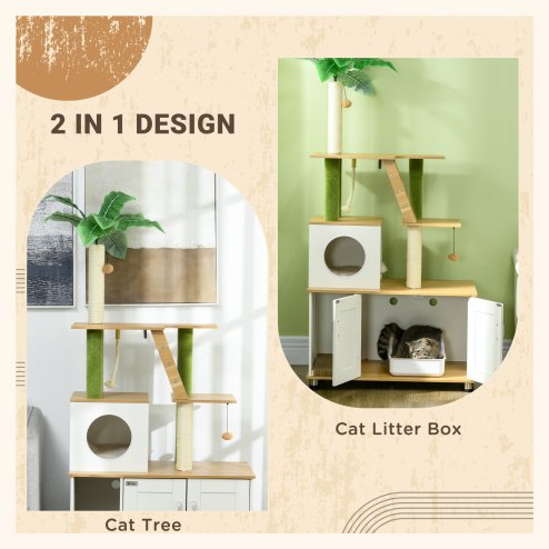 PawHut Cat Tree with Hidden Litter Box Enclosure, 2-in-1 Green Leaf Cat Tower, Litter Box Furniture with House, Ladder, Scratching Posts, Platforms, for Indoor Use - Oak