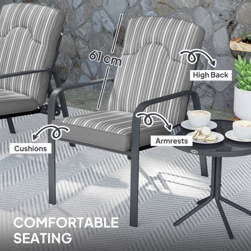 Outsunny 3-Piece Patio Bistro Set, 5-Position Adjustable Recliner Garden Chairs and Tempered Glass Table, Garden Furniture Set with Cushions, High Back, Armrests, Metal Frame for Balcony Patio, Grey