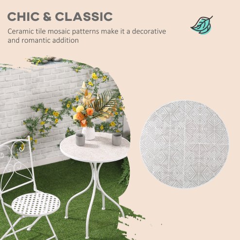 Outsunny 3 Pieces Garden Bistro Set, Folding Outdoor Single Chairs and Mosaic Garden Table Furniture Set for Patio, Balcony, Deck, White