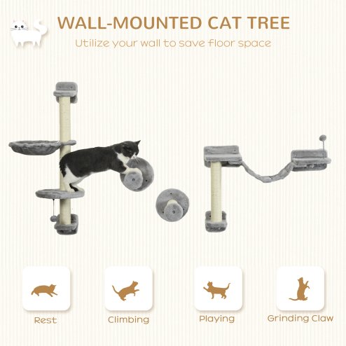 PawHut 4Pcs Wall Mounted Cat Shelves, with Hammock, Perches, Ladder, Scratching Post, Cat Wall Furniture for Large Cats, Grey