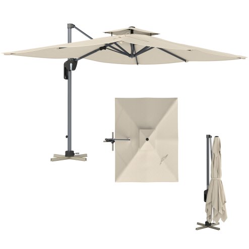 Outsunny 3.7 x 2.7 m Cantilever Parasol w/ 360 Rotation and Easy Tilt Adjustment, Aluminium Hanging Offset Outdoor Umbrella w/ Double Top and Cross Base, UPF50+ Hanging Sun Shade, Grey Wood Effect