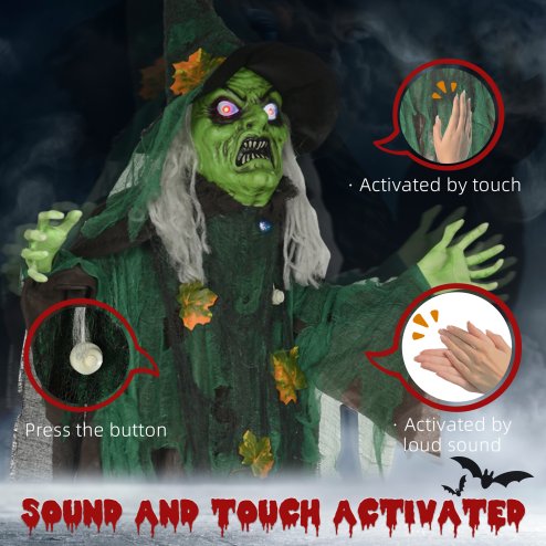 HOMCOM 6ft Outdoor Halloween Decoration Witch, Standing Witch Prop Life Size with Sound and Motion Activated, Light Up Eyes Magical Heart, Talking Sound, Posable Arms, Moving Head