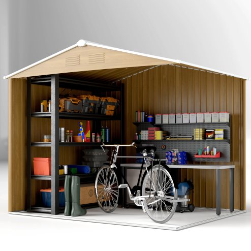 Outsunny 7.7 x 5.7ft Metal Garden Shed with Ventilation Slots and Sliding Doors, Galvanised Outdoor Tool Storage House, Brown Wood Effect
