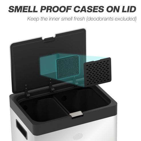 HOMCOM Kitchen Bin, 2 x 18L and 20L Volumes, Stainless Steel 3 Compartment Bin with Wheels, Soft Close Lid, Removable Inner Buckets, Fingerprint-Proof for Recycling and Waste, Silver Tone