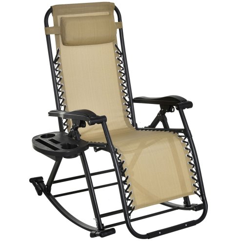 Outsunny Garden Rocking Chair Folding Recliner Outdoor Adjustable Sun Lounger Rocker Zero-Gravity Seat with Headrest Side Holder Patio Deck - Beige