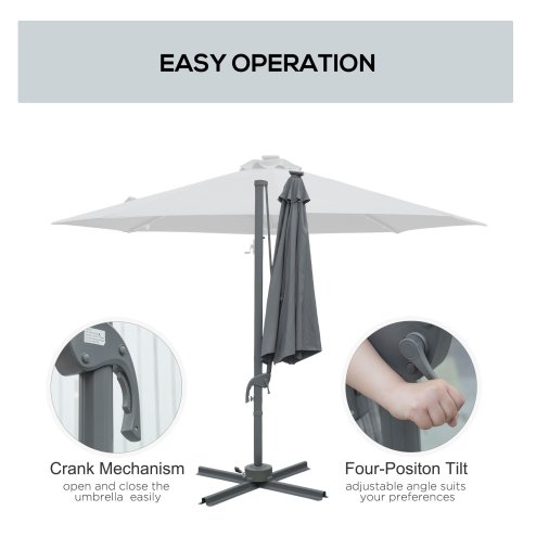 Outsunny 3(m) Cantilever Roma Parasol Patio Sun Umbrella with Crank & Tilt LED Solar Light Cross Base 360 Rotating Outdoor, Dark Grey