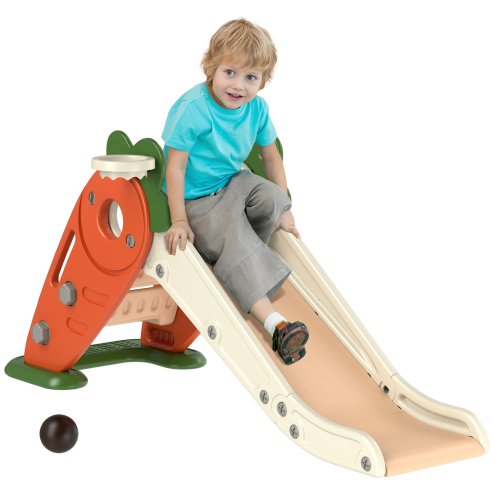 AIYAPLAY Kids Slide, 3 in 1 Foldable Toddler Slide with Basketball Hoop, Climber, Carrot-themed Indoor Slide for 1-3 Years Old, Orange